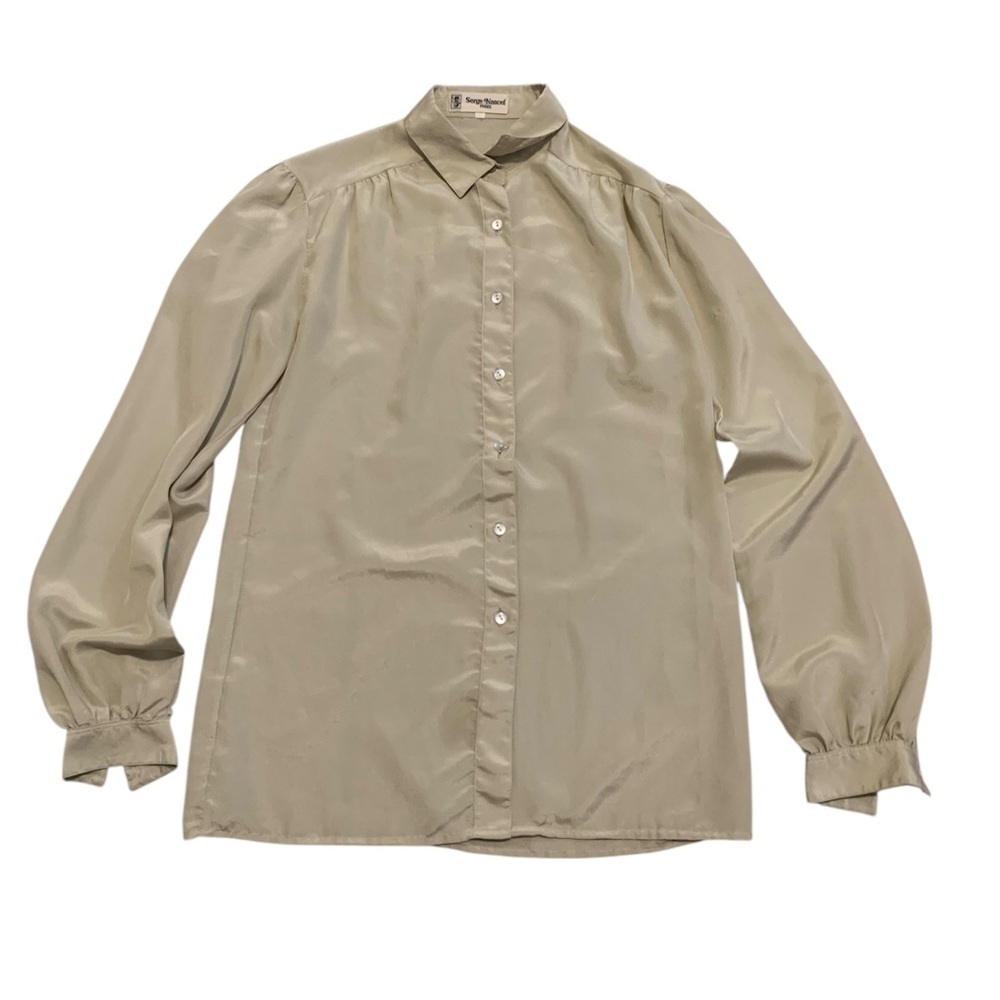 Vintage Serge Nancel Paris Silky Beige/Taupe Button-Down Blouse | Size S/M
